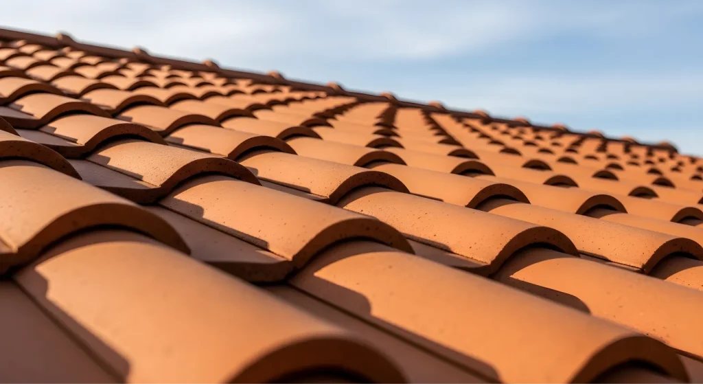 orange terracotta roof tiles close up texture sunny outdoor 78261676